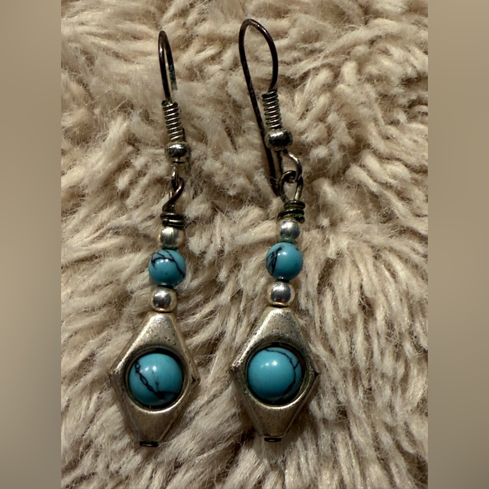 Boho Chic Turquoise Blue Crystals Drop‎ Pierced Earrings Western Navajo